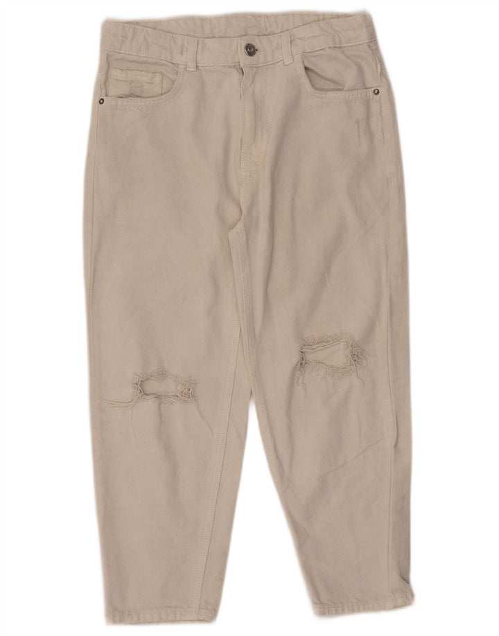 ZARA Jeans femininos desgastados de cintura alta cônicos 13-14 anos W28 L22 branco