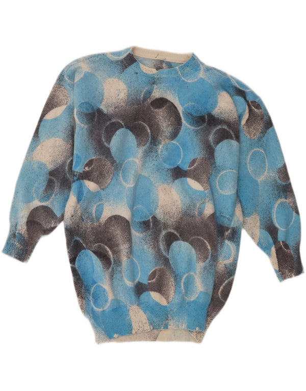 Suéter feminino vintage com gola redonda Reino Unido 14 grande azul geométrico