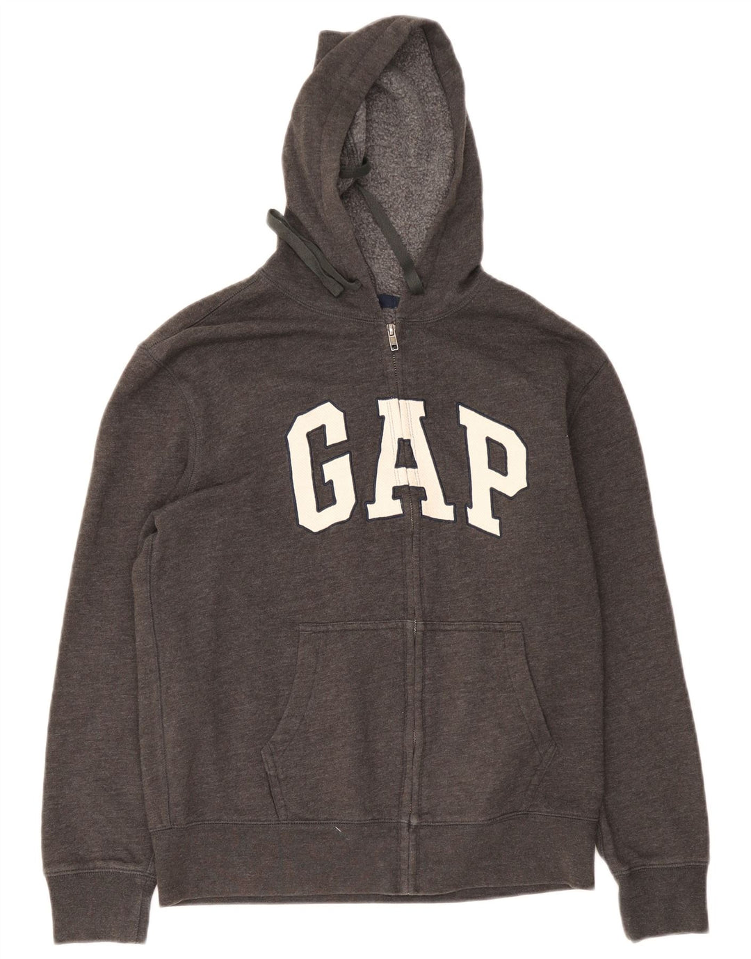 Suéter masculino com capuz e zíper gráfico Gap algodão manchado cinza médio