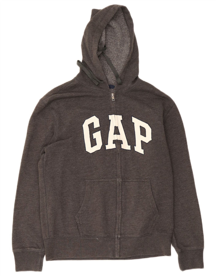Suéter masculino com capuz e zíper gráfico Gap algodão manchado cinza médio