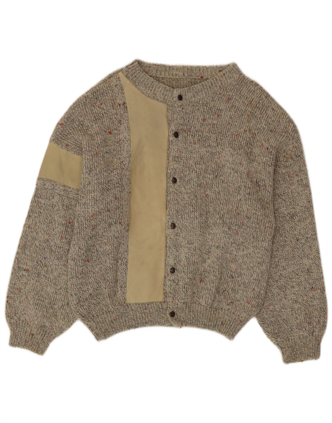 Suéter cardigã masculino vintage, lã de alpaca manchada bege médio
