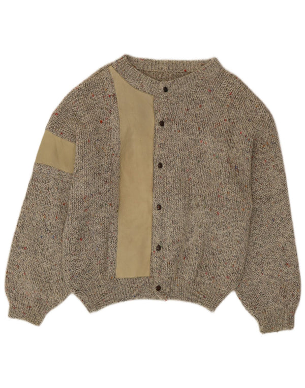 Suéter cardigã masculino vintage, lã de alpaca manchada bege médio