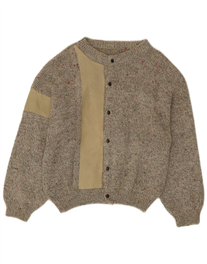 Suéter cardigã masculino vintage, lã de alpaca manchada bege médio