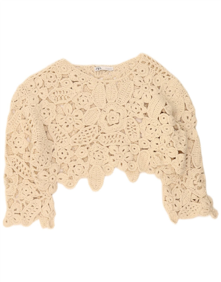 Zara blusa feminina de crochê manga 3/4 grande tamanho Reino Unido 14 médio bege