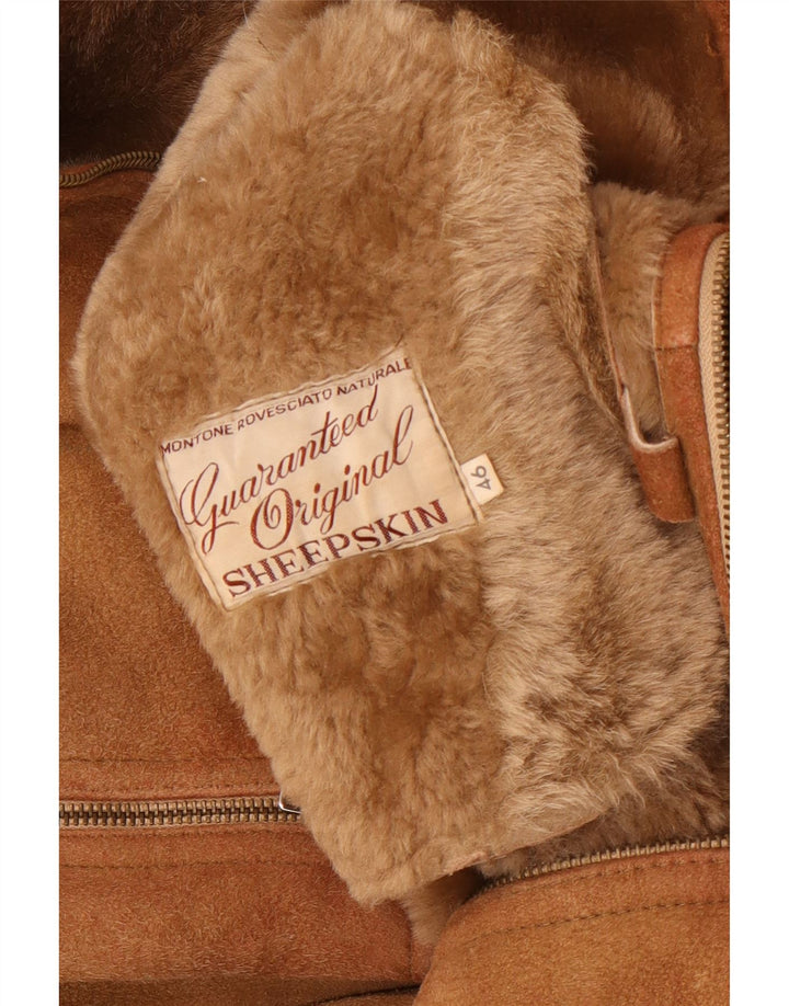 Jaqueta feminina vintage com capuz Shearling IT 46 grande pele de carneiro marrom