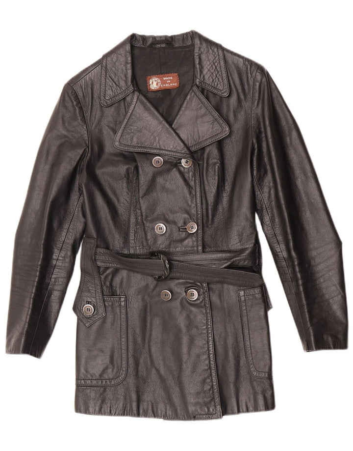 Jaqueta de couro com peito duplo feminino vintage Reino Unido 10 couro preto pequeno