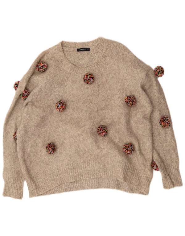 Zara Suéter feminino oversized com gola canoa Reino Unido 10 pequeno bege salpicado