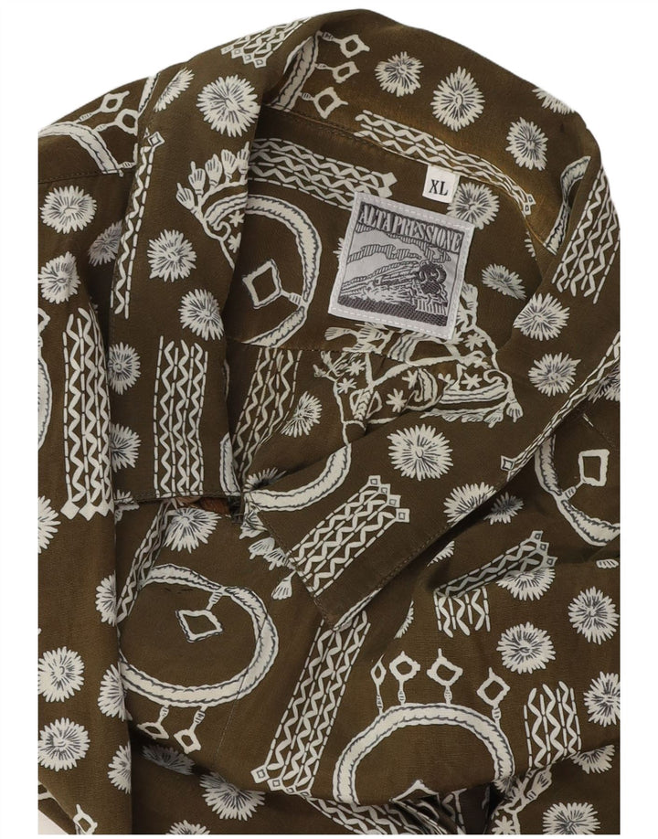 Vintage masculino abstrato Padrão camisa de manga curta XL cáqui