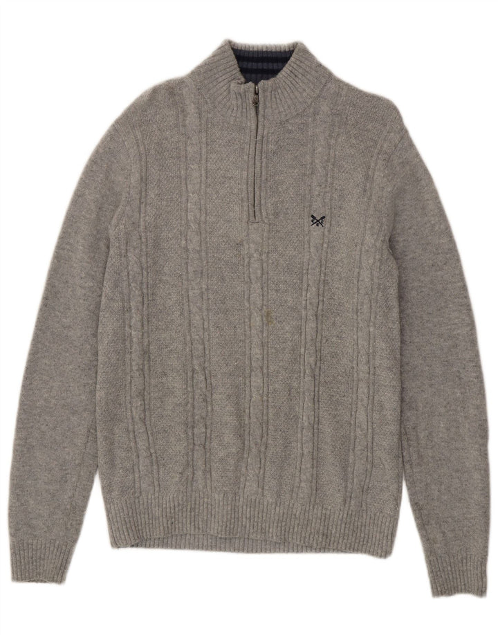 Suéter masculino Crew Clothing com zíper e gola em lã de carneiro cinza grande