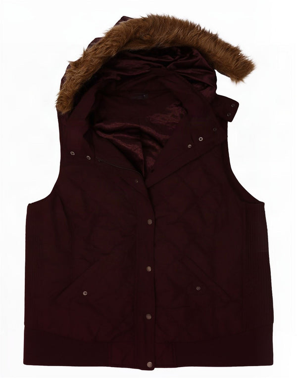 Colete feminino acolchoado com capuz Marks & Spencer UK 22 3XL poliéster cor de vinho