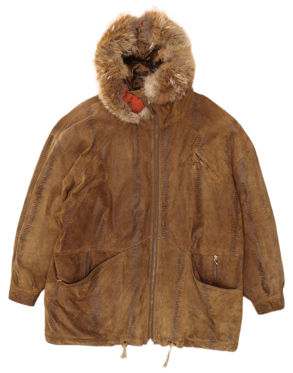 Sobretudo feminino vintage de camurça com capuz grande EU 44 XL marrom estampa animal