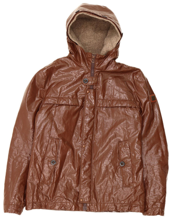 Jaqueta masculina de couro sintético com capuz Hugo Boss EU 52 XL linho marrom