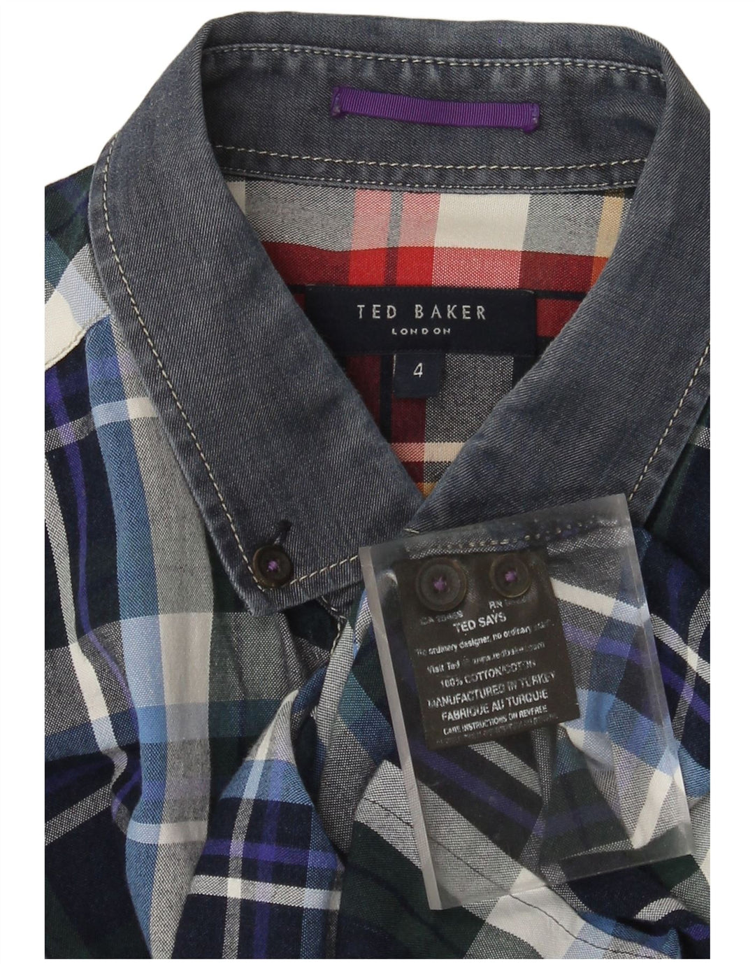 Camisa masculina Ted Baker tamanho 4 grande algodão xadrez azul marinho