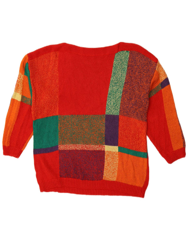 Suéter feminino vintage com gola canoa UK 18 XL vermelho colorblock