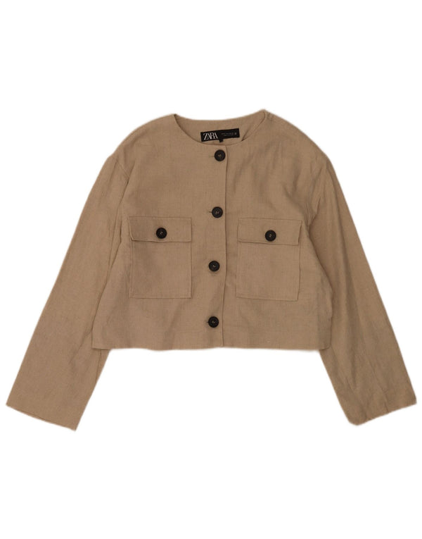 Zara Womens Crop 4 Button Blazer Jacket UK 14 Médio Bege Poliéster