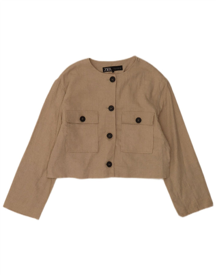 Zara Womens Crop 4 Button Blazer Jacket UK 14 Médio Bege Poliéster