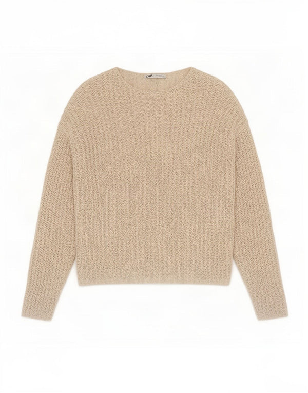 Suéter feminino Zara transparente com gola canoa e crochê Reino Unido 14 médio bege