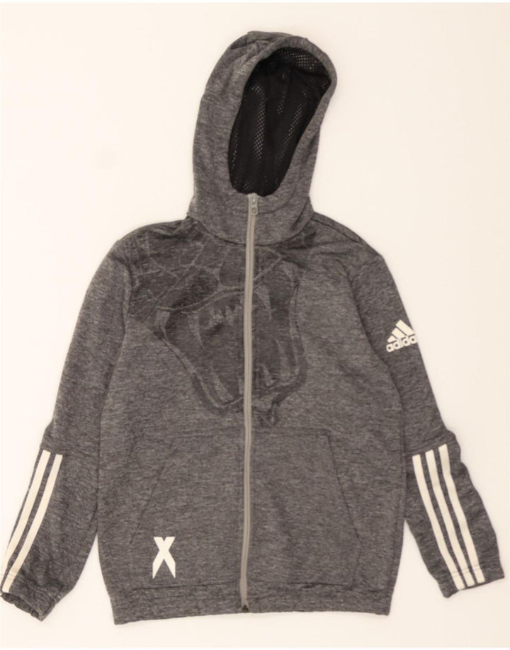 ADIDAS Boys Climalite Graphic Zip Hoodie Sweater 11-12 Years Grey Vintage Adidas and Second-Hand Adidas from Messina Hembry 