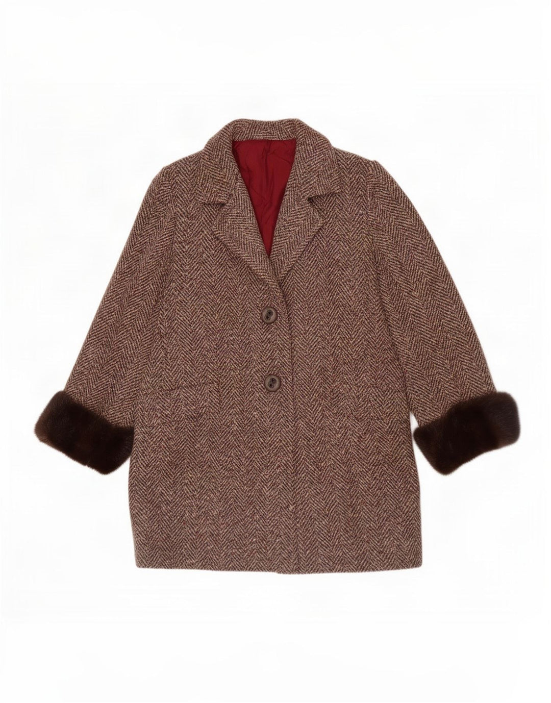 Sobretudo feminino vintage Reino Unido 12 espinha de peixe marrom médio