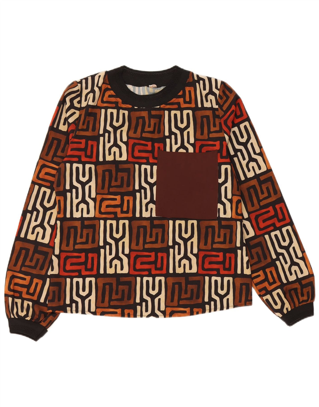 Top feminino VINTAGE de manga comprida UK 12 marrom médio geométrico