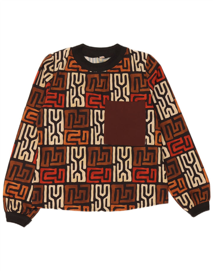 Top feminino VINTAGE de manga comprida UK 12 marrom médio geométrico