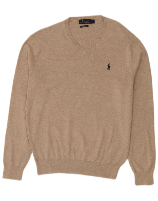 Polo Ralph Lauren Suéter masculino com decote em V pequeno algodão bege