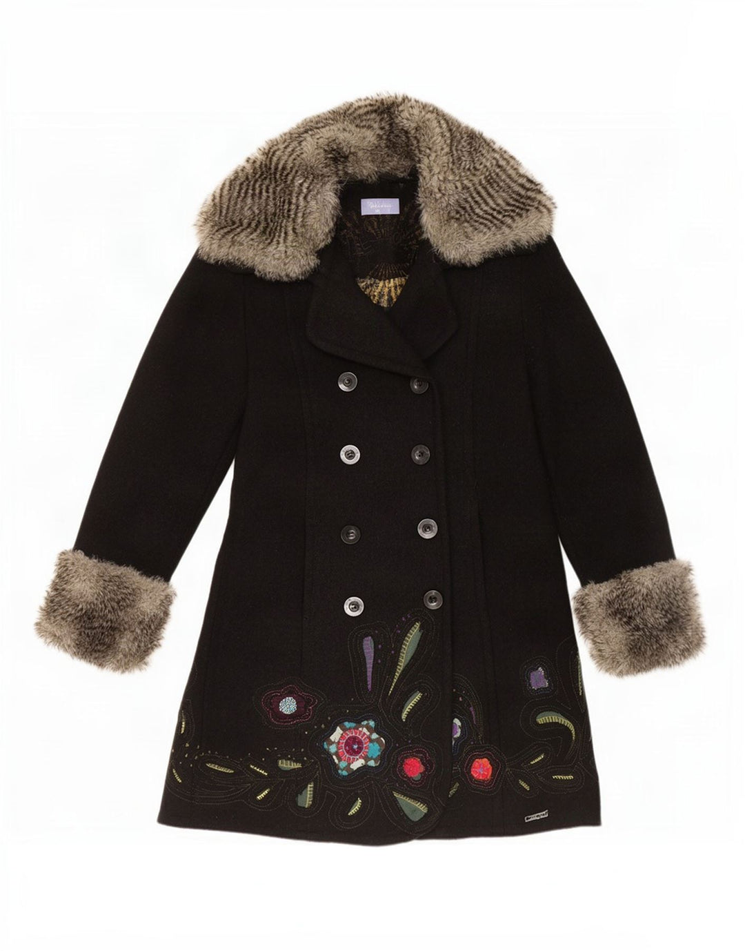Desigual Casaco feminino gráfico duplo breasted UE 42 grande preto floral