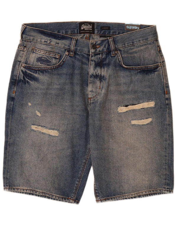 Superdry Mens Distressed Loose Fit Denim Shorts W32 Algodão Azul Médio