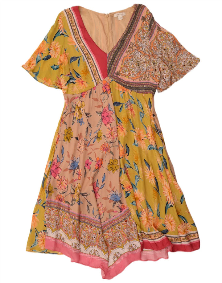 Vestido assimétrico feminino MONSOON UK 14 grande patchwork multicolorido