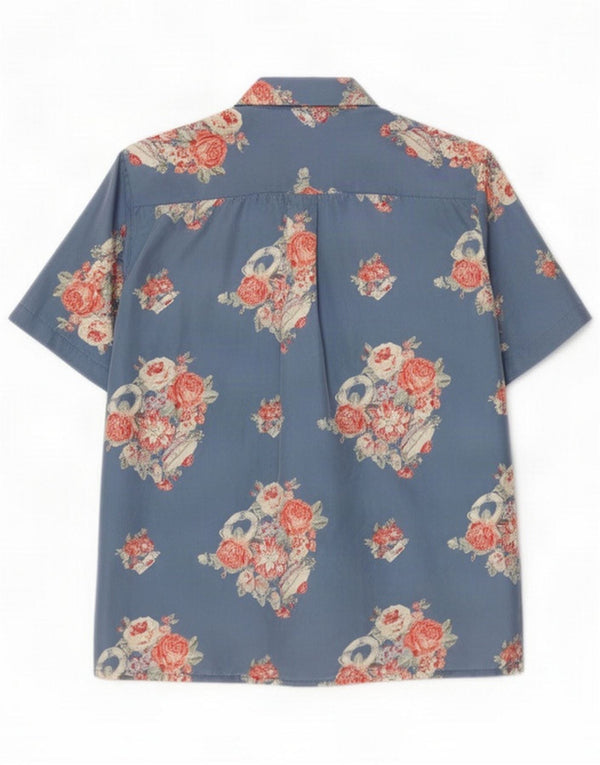 Blusa feminina vintage de manga curta UK 14 Seda floral azul médio