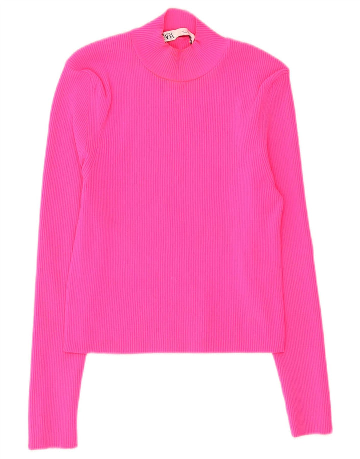 Zara Top curto feminino manga comprida Reino Unido 14 grande rosa poliamida