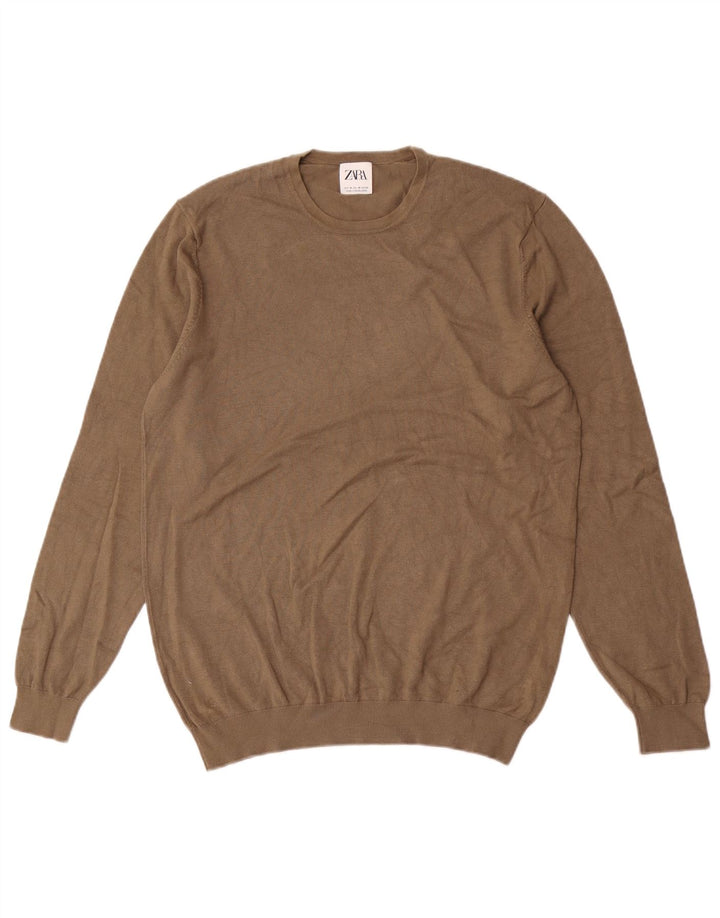 Zara Suéter masculino com gola redonda e viscose cáqui médio