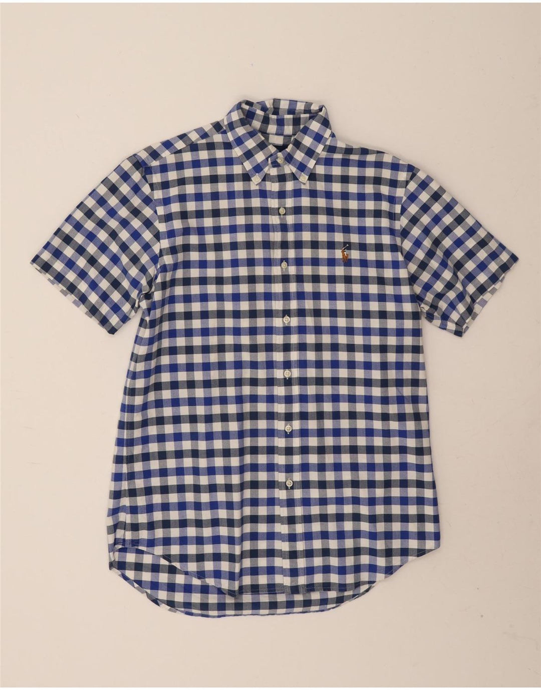 Ralph Lauren Camisa masculina de manga curta azul médio algodão guingão