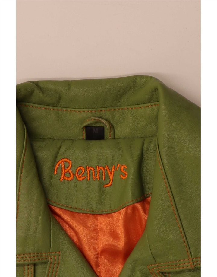 Casaco feminino de couro com peito duplo Benny's Reino Unido 12 couro verde médio
