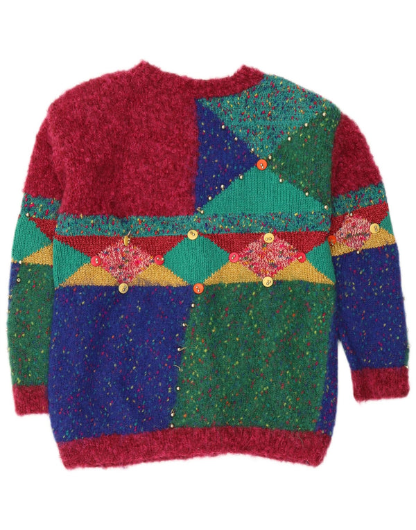Suéter cardigã feminino vintage Reino Unido 16 grande novidade geométrica multicolorida