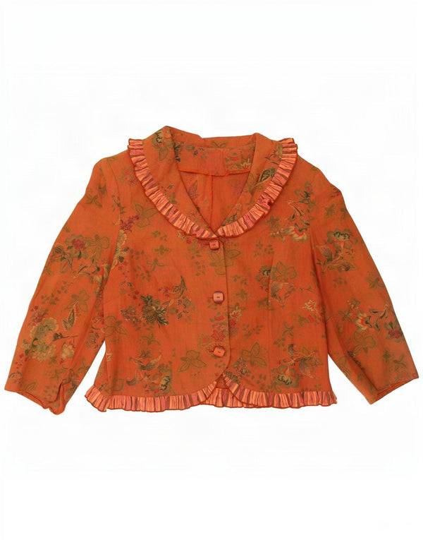 Jaqueta Bolero Feminina Vintage Manga 3/4 Reino Unido 12 Viscose Floral Laranja Média