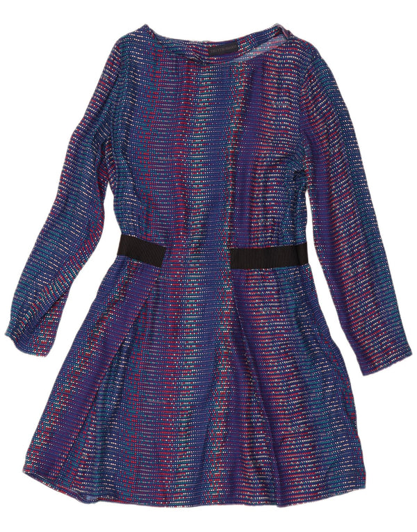 Vestido feminino Trussardi manga comprida evasê Reino Unido 14 azul médio geométrico