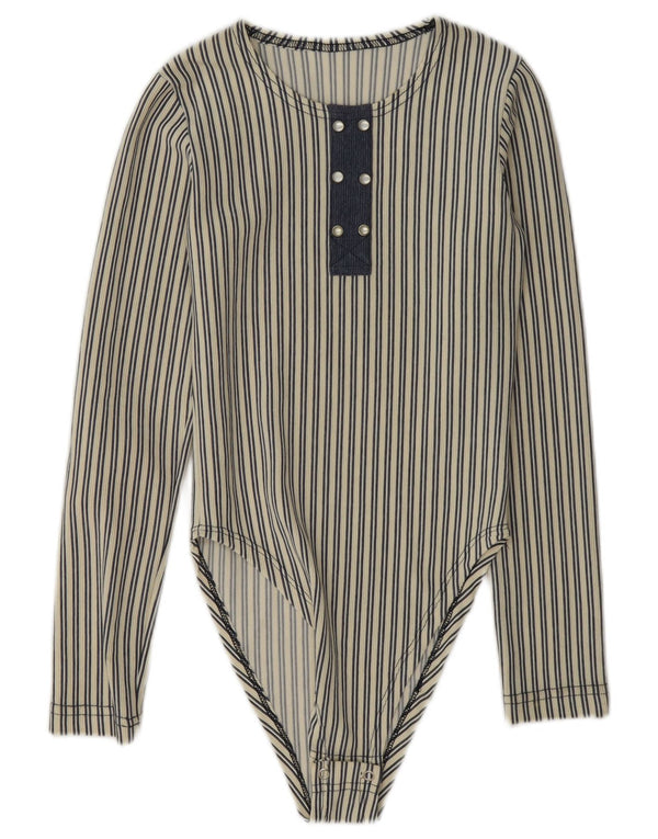 Body feminino vintage de manga comprida UK 8 listrado azul pequeno