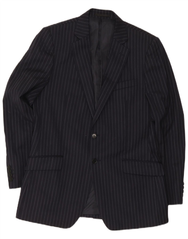 Jaqueta blazer masculina Jaeger com 2 botões Reino Unido 40 grande lã listrada azul marinho