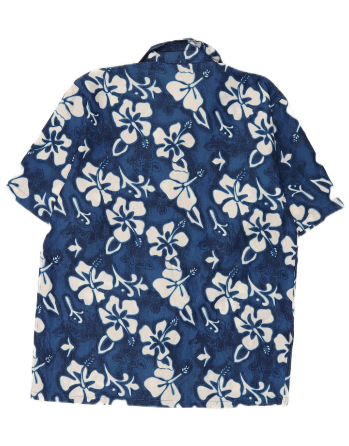 Camisa masculina vintage de manga curta em poliéster floral azul pequeno