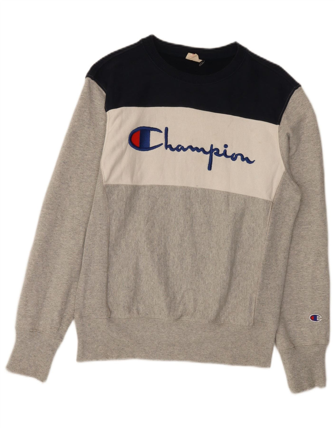 Champion moletom gráfico feminino jumper UK 14 bloco colorido cinza médio