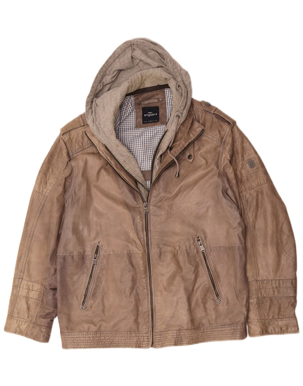 Jaqueta masculina de couro com capuz Engbers UK 40 grande marrom