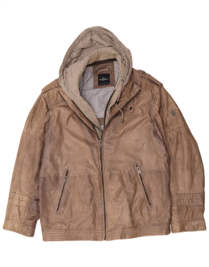 Jaqueta masculina de couro com capuz Engbers UK 40 grande marrom