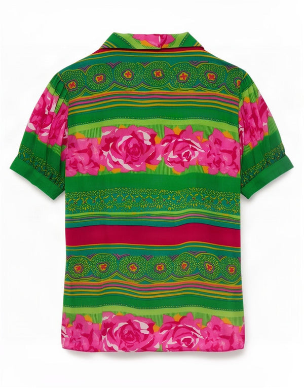 Blusa feminina vintage de manga curta UK 10 pequena floral verde