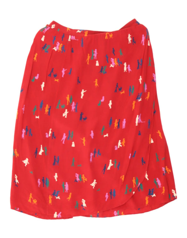 Saia reta feminina vintage com padrão abstrato W34 seda vermelha grande