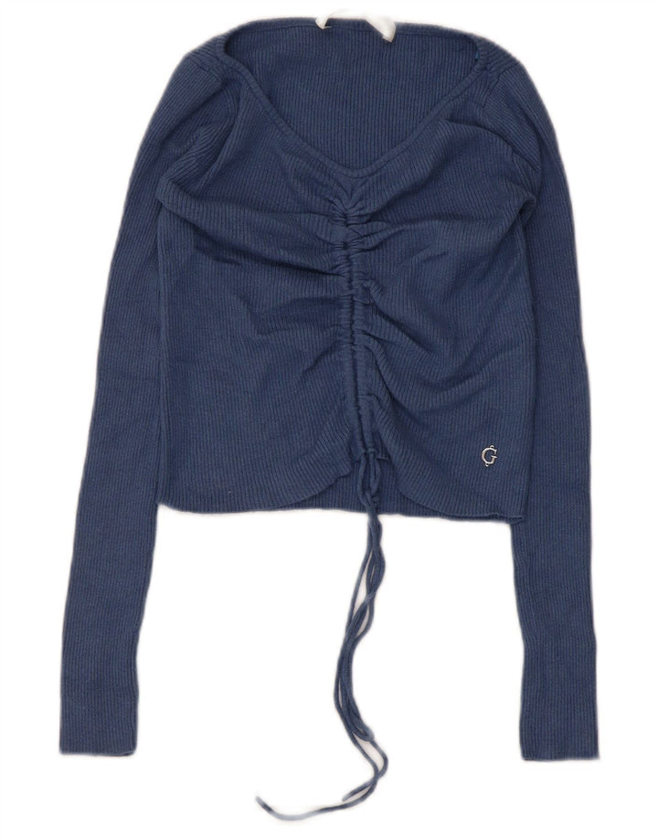 Top crop feminino Guess manga comprida UK 4 XS azul marinho poliamida