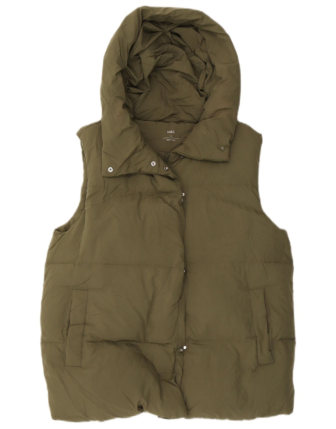 Colete acolchoado com capuz feminino Marks & Spencer UK 12 poliéster verde médio
