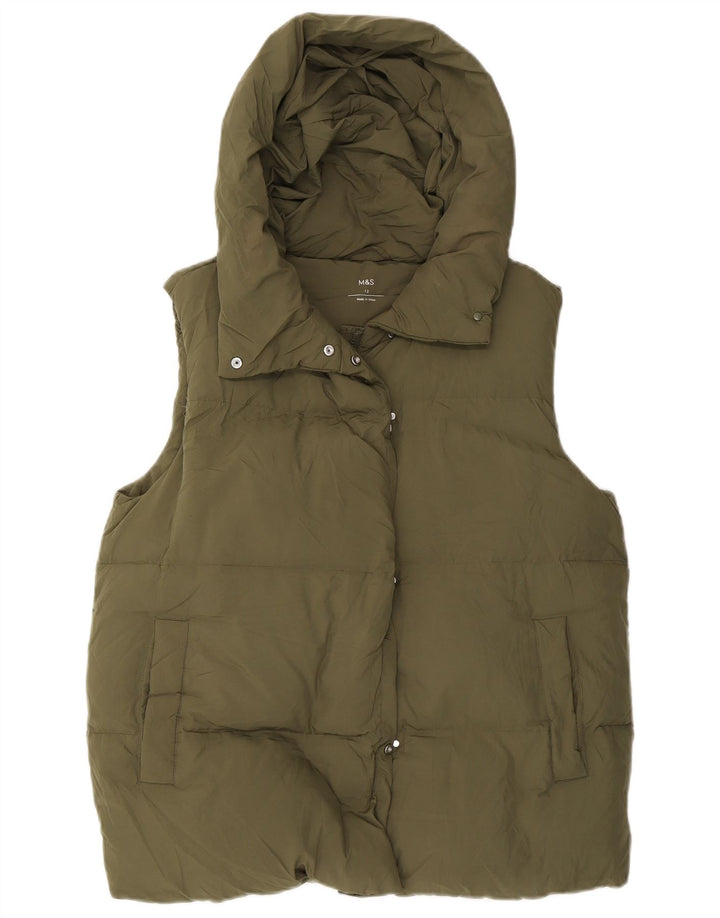 Colete acolchoado com capuz feminino Marks & Spencer UK 12 poliéster verde médio