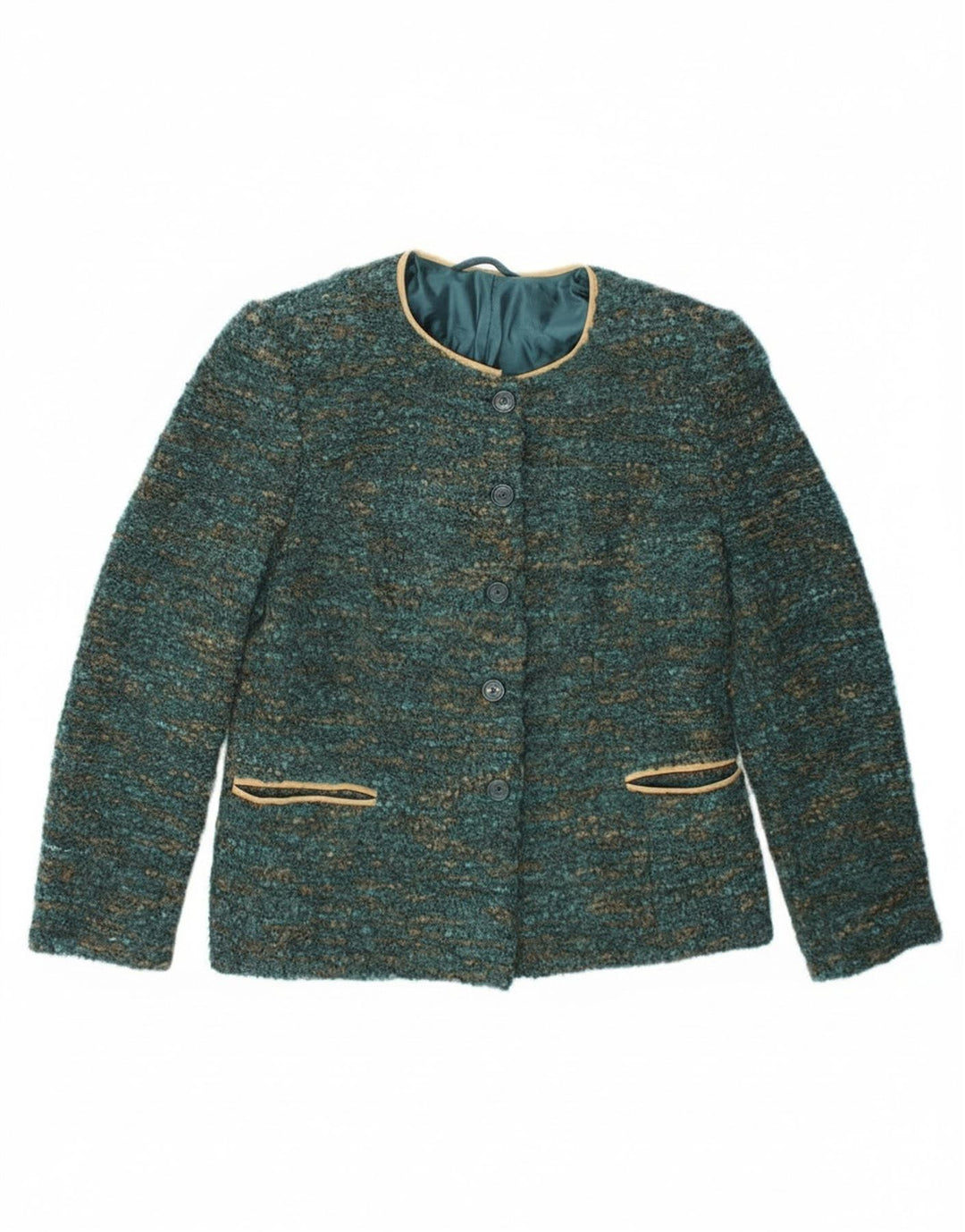 Jaqueta blazer feminina vintage com 4 botões Reino Unido 12 verde médio manchado