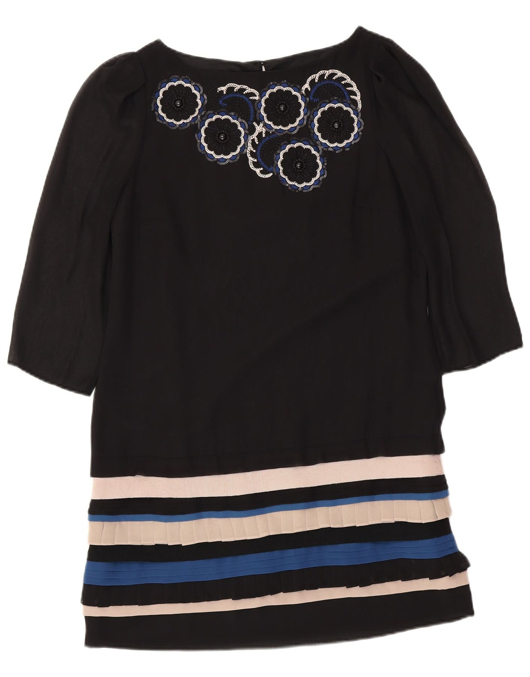 MONSOON Vestido feminino manga 3/4 com bainha UK 12 listrado preto médio